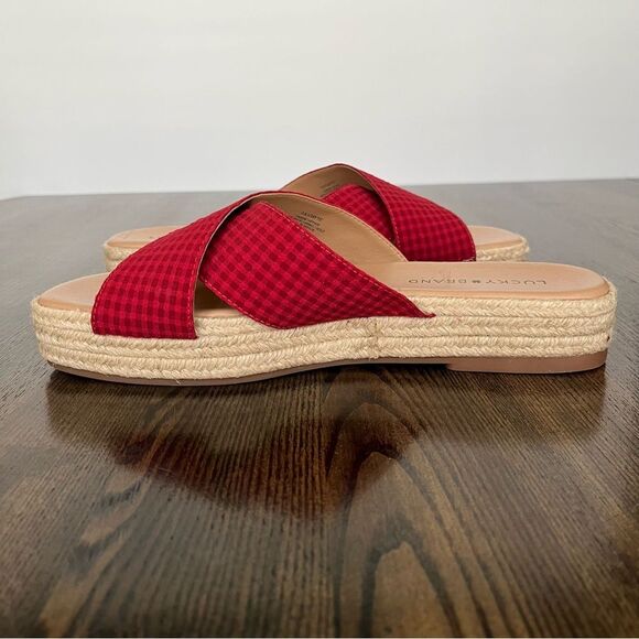 Lucky Brand Gayte Checked Seersucker Slide/Sandals-Garnet Women’s Sz 8.5 - Picture 4 of 8